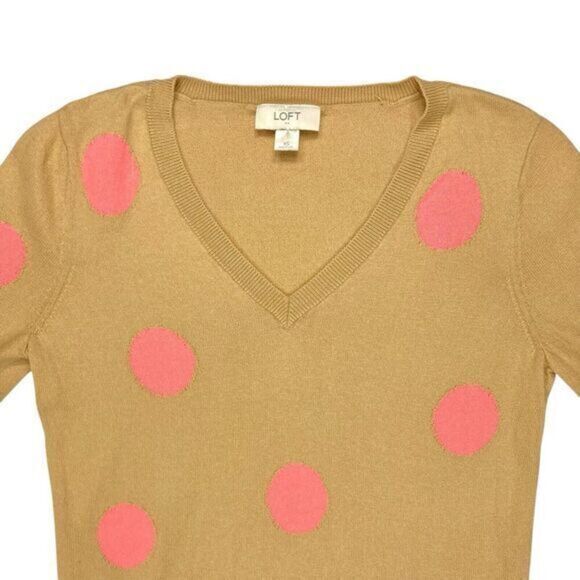 LOFT V-Neck Sweater Women Xs Tan Polka Dot Pink Minimalist Modest Neutral Modern - Picture 2 of 16